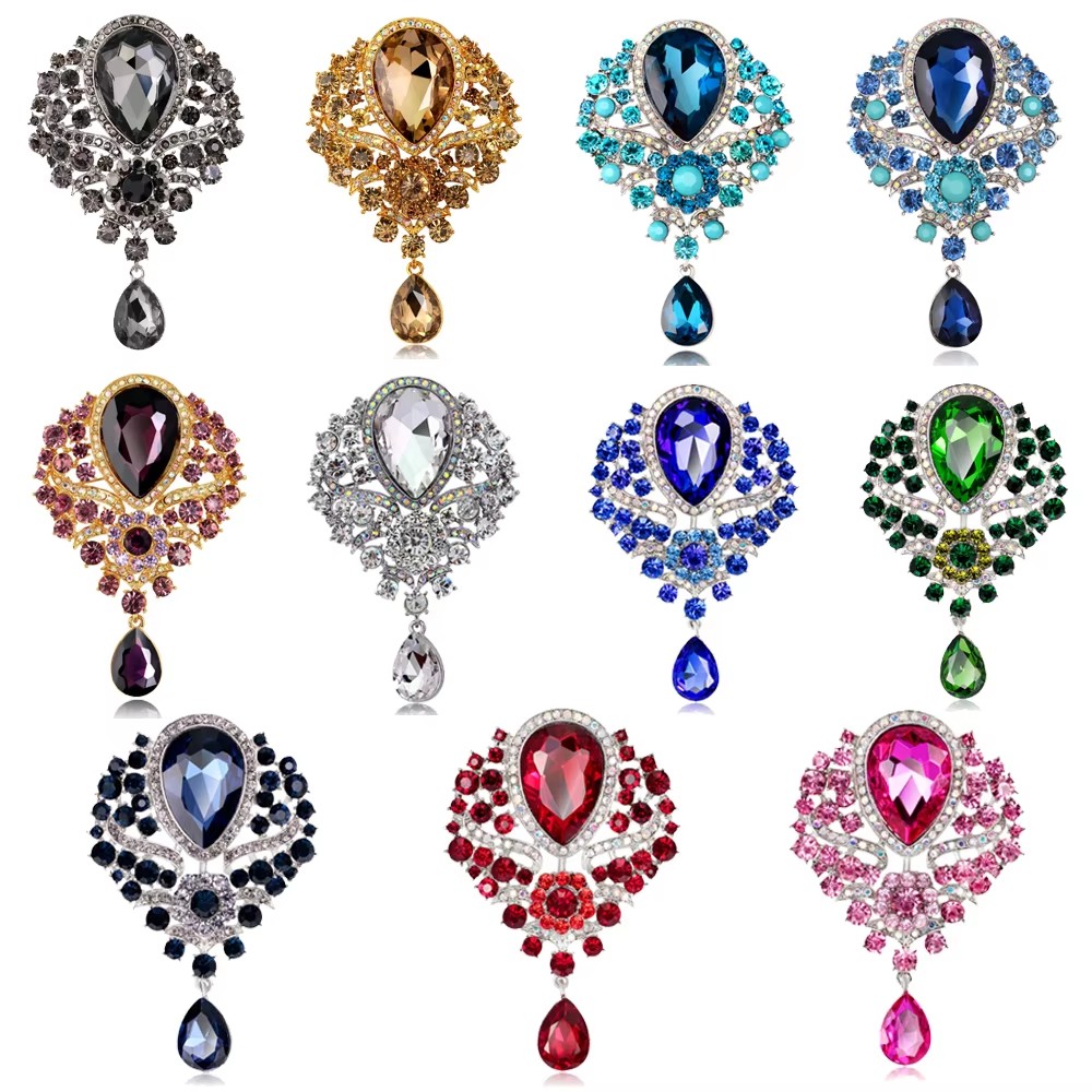 Wholesale Teardrop Rhinestone Brooch, Vintage Crystal Lapel Pin for Women