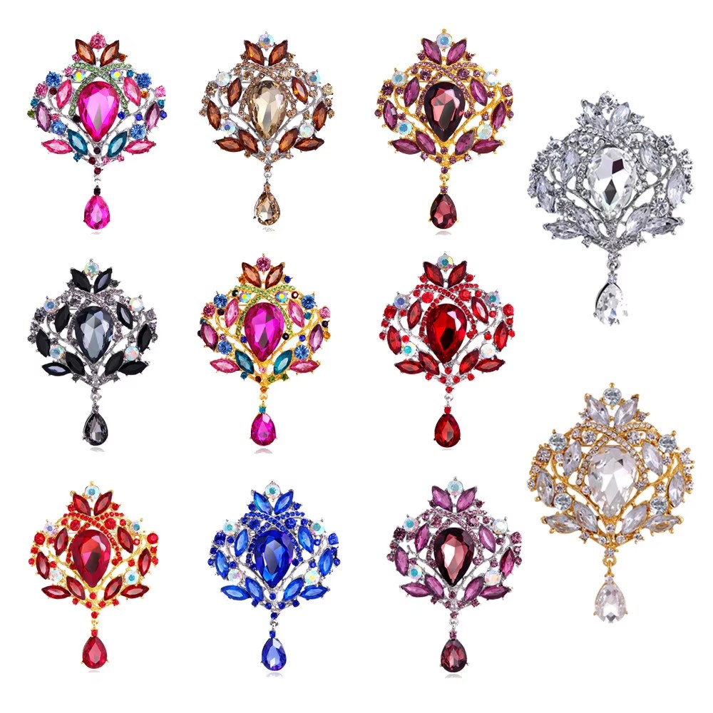 Wholesale Courtly Vintage Rhinestone Brooch, Teardrop Crystal Lapel Pin