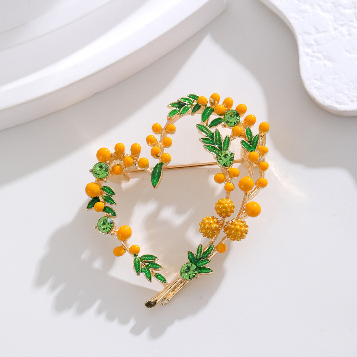Wholesale Heart Mimosa Berry Brooch, Enamel Floral Lapel Pin for Women