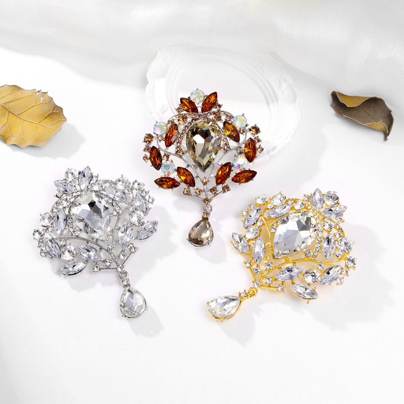 Wholesale Courtly Vintage Rhinestone Brooch, Teardrop Crystal Lapel Pin