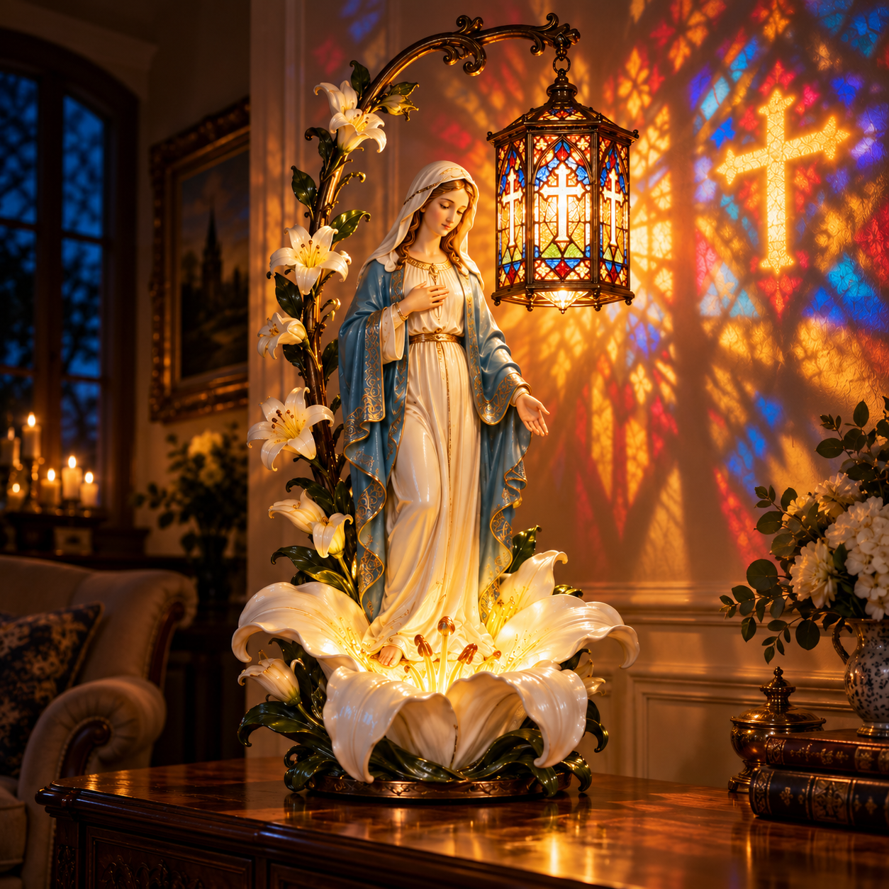 Illuminated Virgin Mary religious statue in an evening home setting