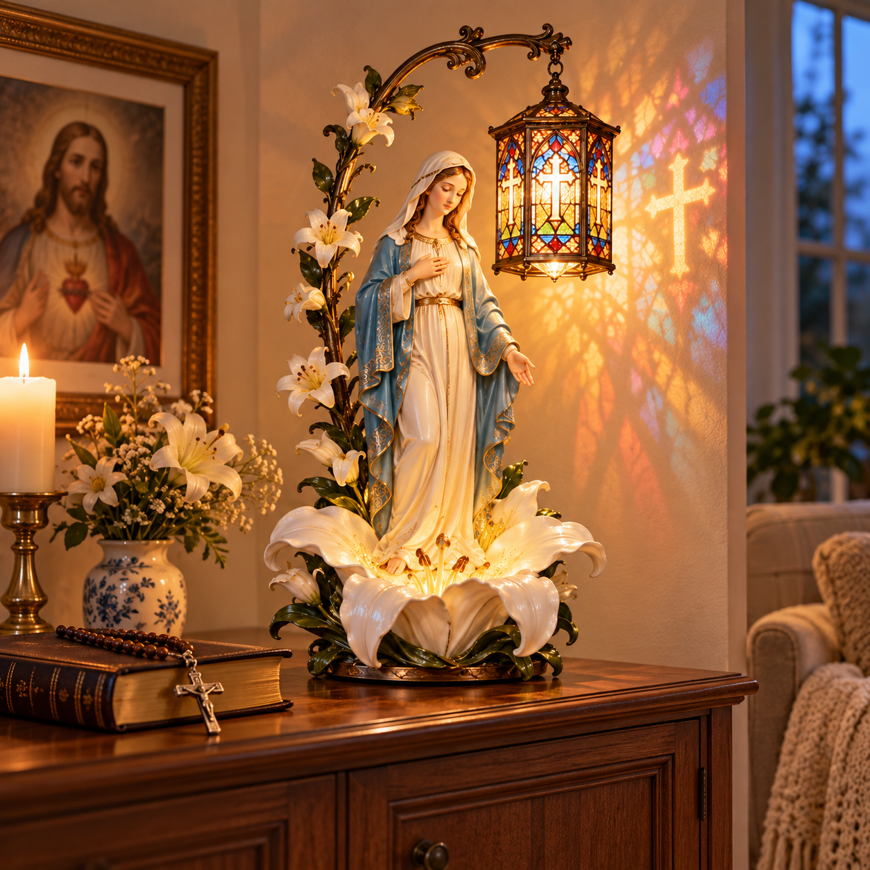 Virgin Mary statue displayed in a devotional home setting