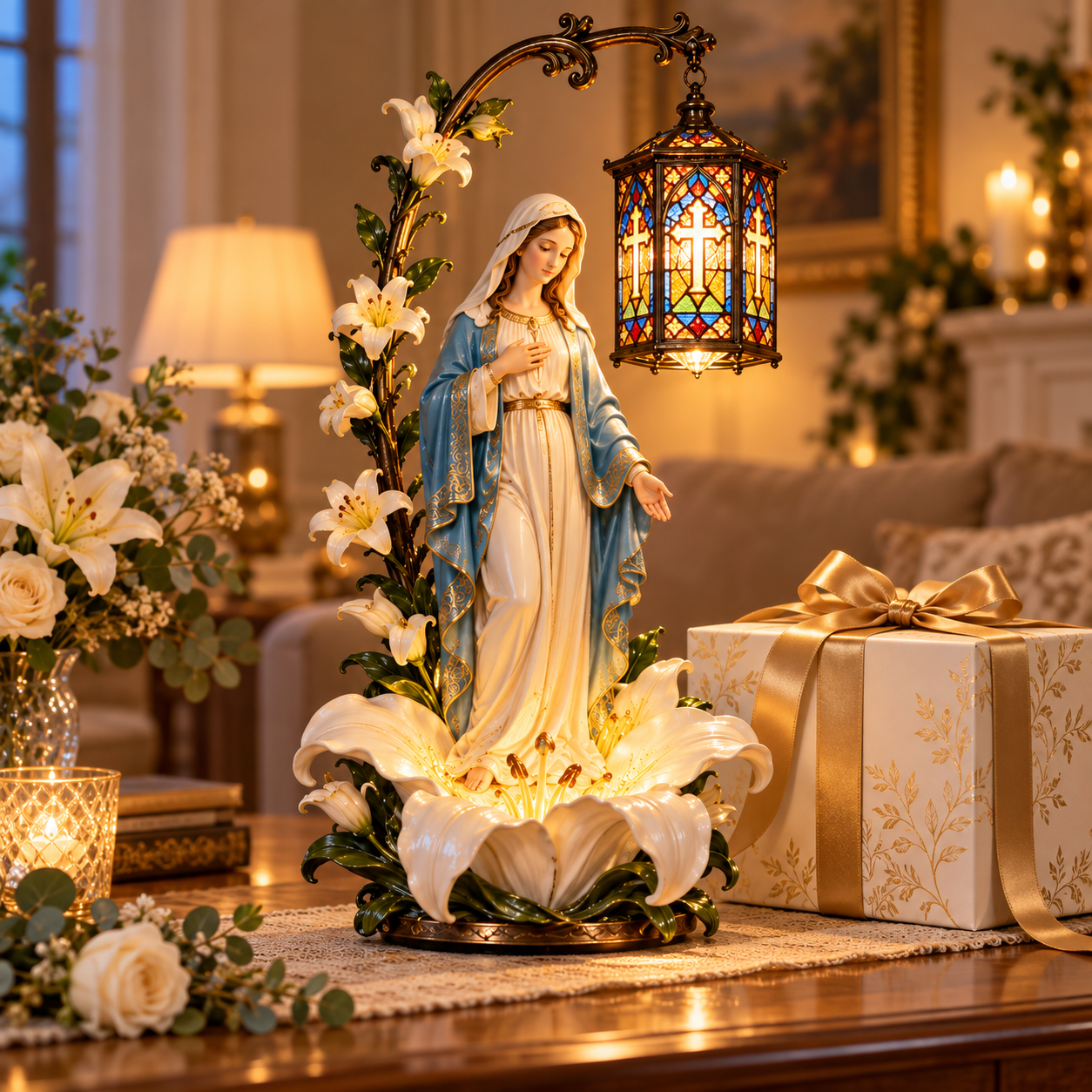 Illuminated Virgin Mary Lily Lantern Statue