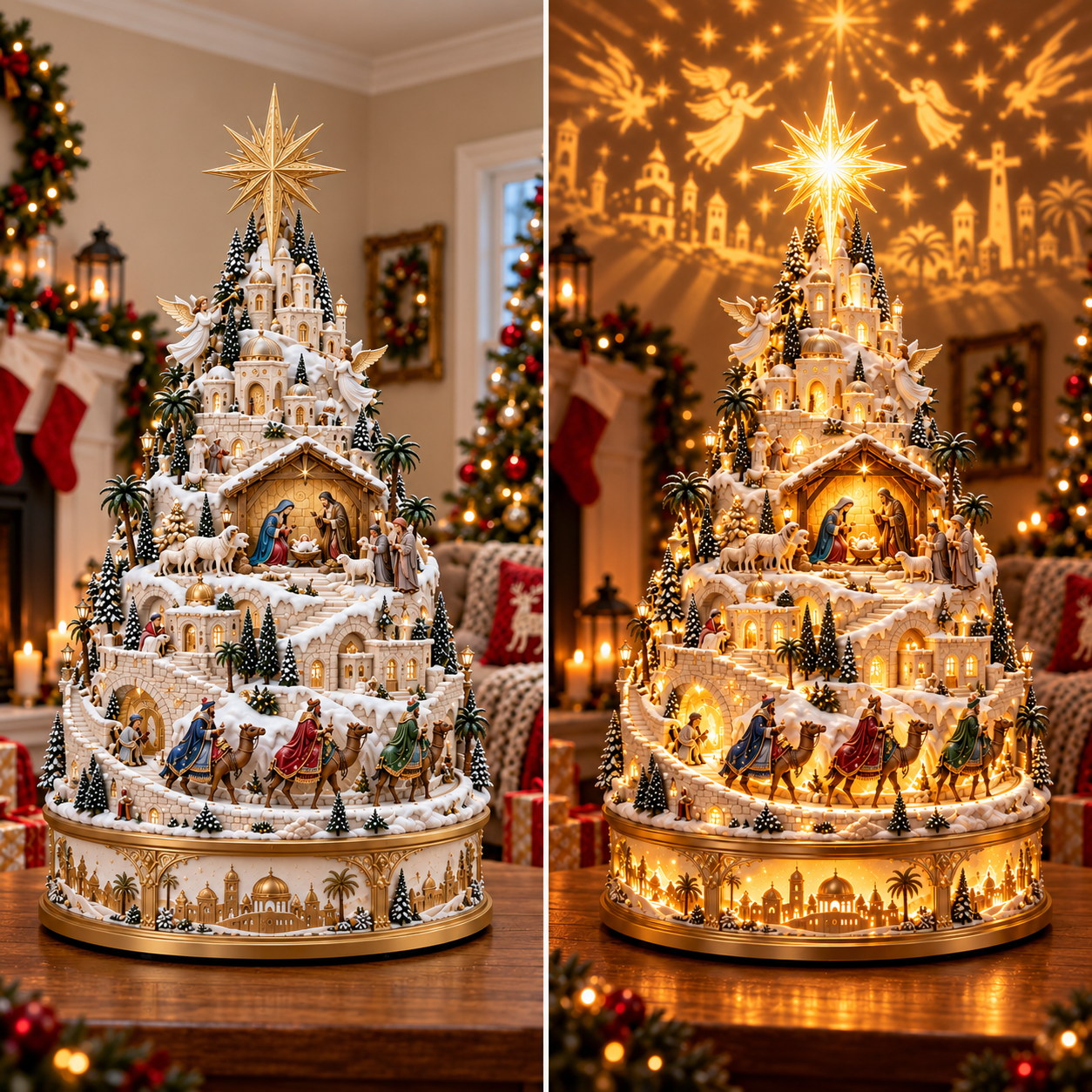 Nativity Christmas Village lighted and unlighted comparison
