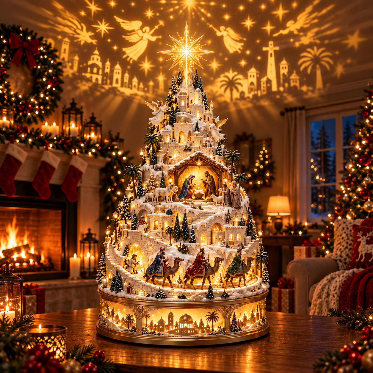 Nativity Christmas village displayed in a warm Christmas home