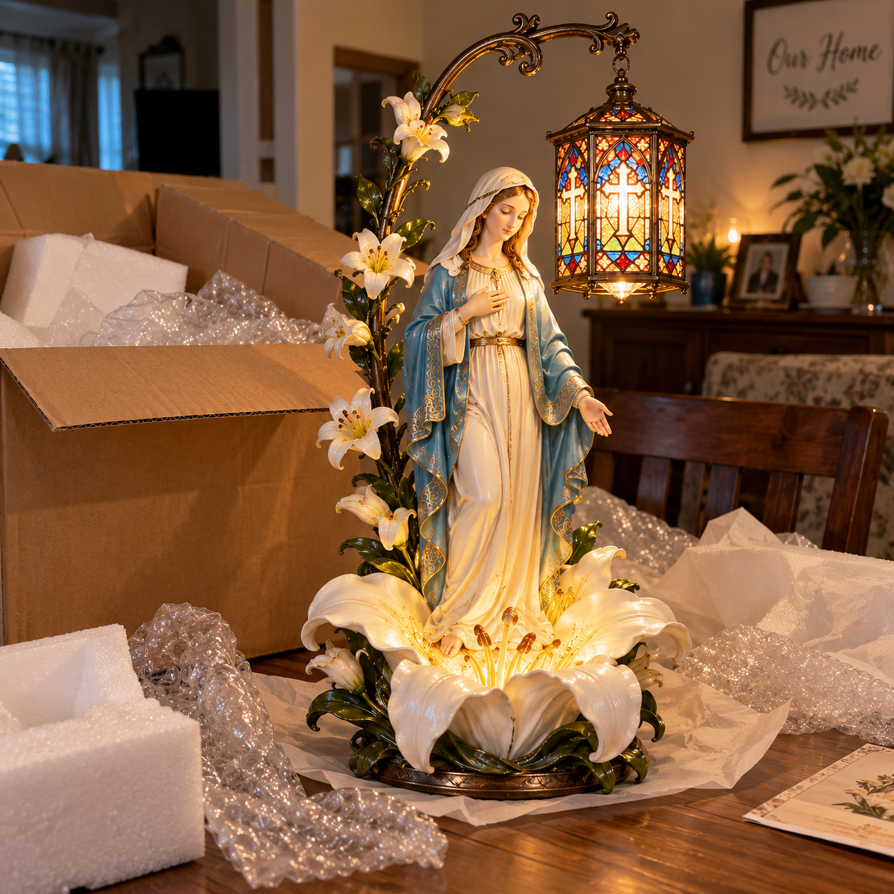 Virgin Mary religious statue shown in an unboxing-style home setting