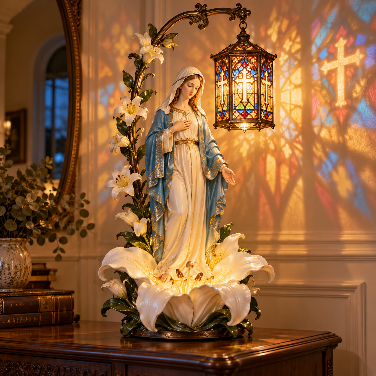 Virgin Mary religious decor displayed in a warm home setting