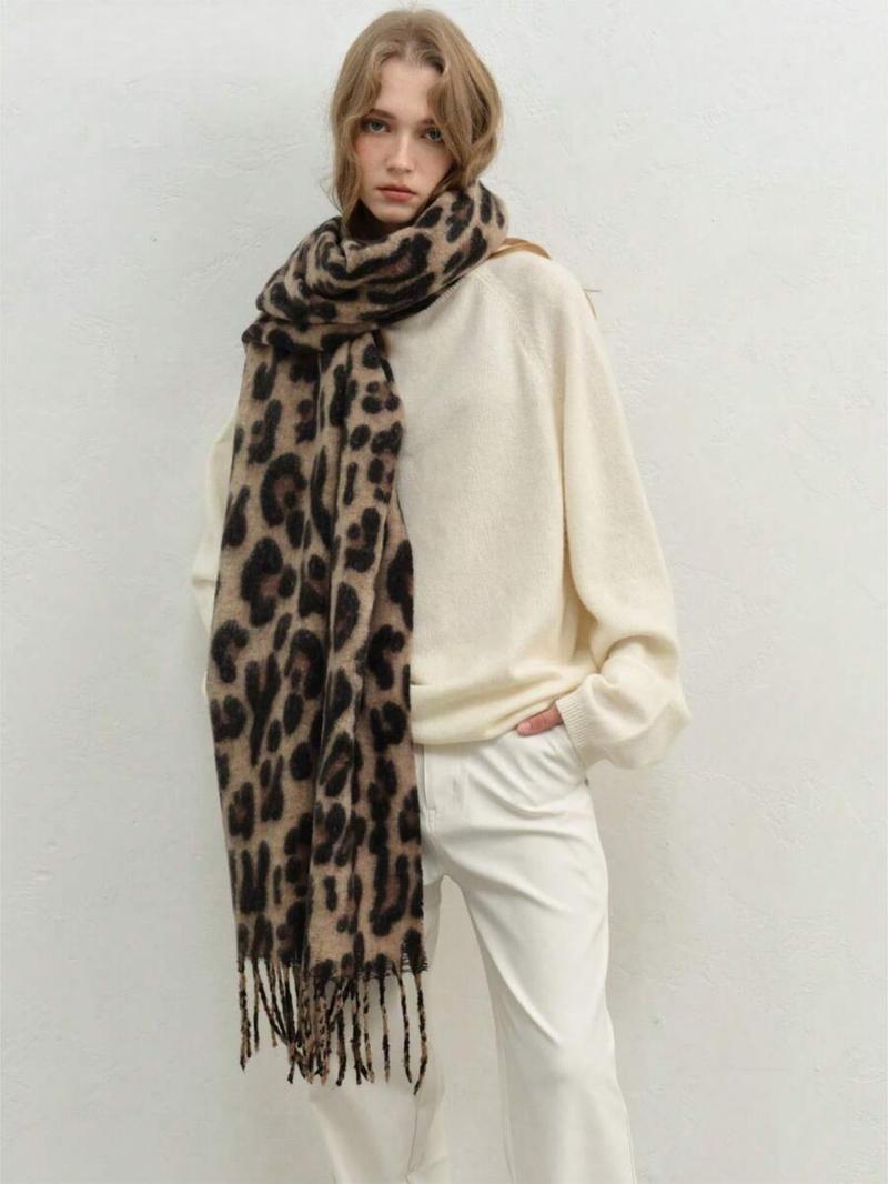 High-Quality Leopard Print Scarf, Cool Tassel Vintage Shawl, Y2K Faux Wool Warm Shoulder Wrap, Fall & Winter Fashion Accessory