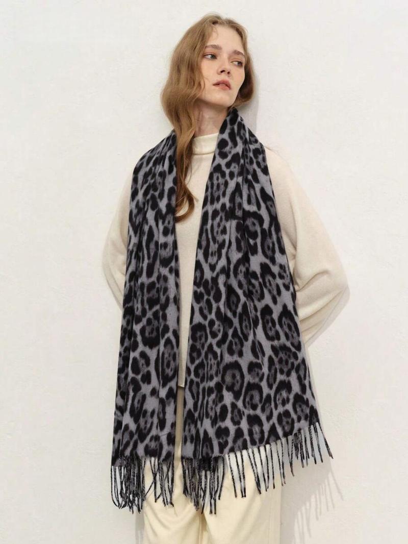 High-Quality Leopard Print Scarf, Cool Tassel Vintage Shawl, Y2K Faux Wool Warm Shoulder Wrap, Fall & Winter Fashion Accessory
