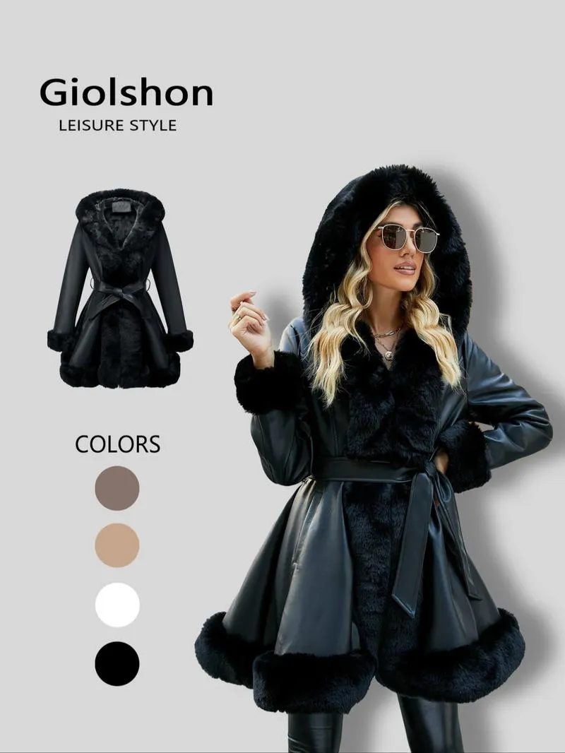 Women's Fall Winter Faux Leather Jacket with Detachable Belt, Long Sleeve Fitted Coat with Hood, Casual Warm Daily Wear