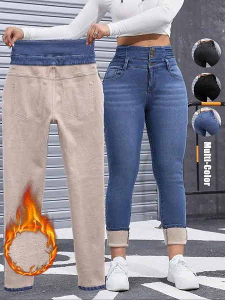 Women's Fleece-Lined Jeans, High Stretch Thick Denim For Winter, Slimming And Comfortable