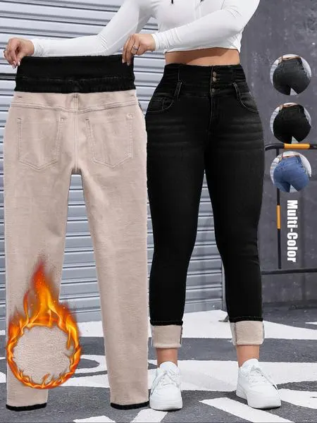 Women's Fleece-Lined Jeans, High Stretch Thick Denim For Winter, Slimming And Comfortable