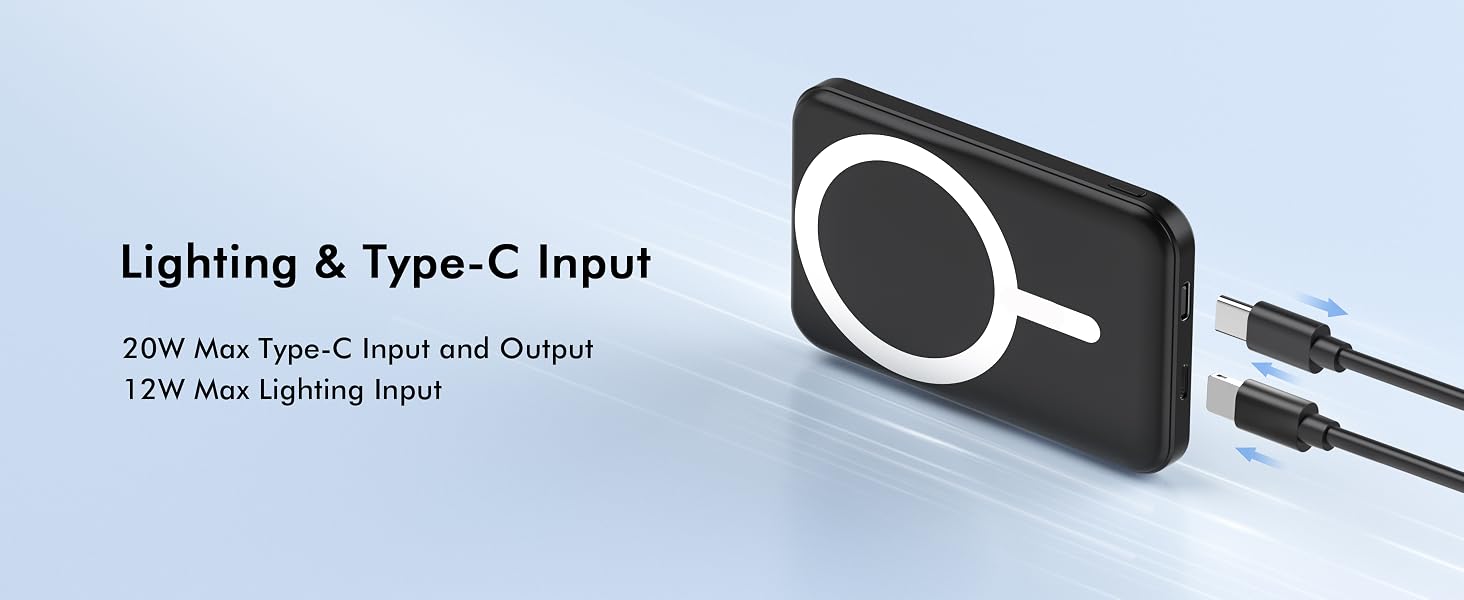 Text reads 'Lighting &amp; Type-C Input' and '20W Max Type-C Input and Output, 12W Max Lighting Input'. Shows black electronic device with connection ports.