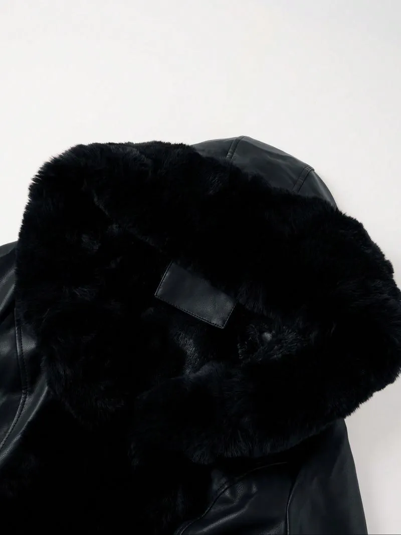 Women's Fall Winter Faux Leather Jacket with Detachable Belt, Long Sleeve Fitted Coat with Hood, Casual Warm Daily Wear