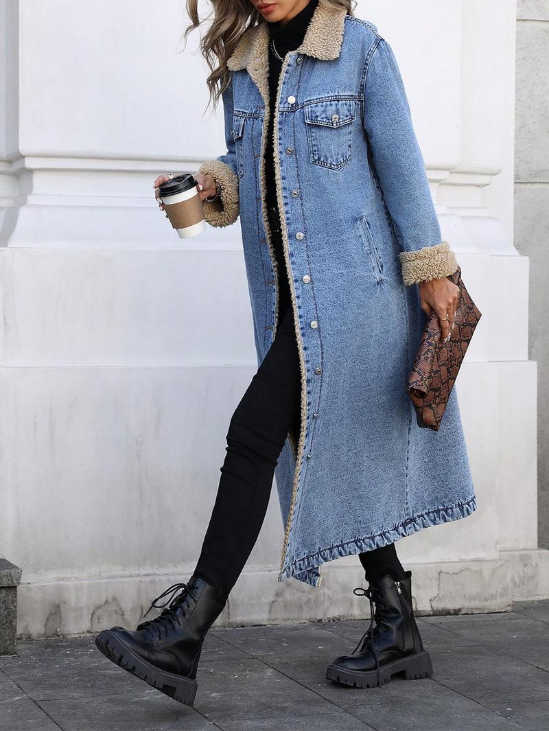 Women's Long Fleece-Lined Denim Jacket, Elegant Single-Breasted Design, Perfect For Winter