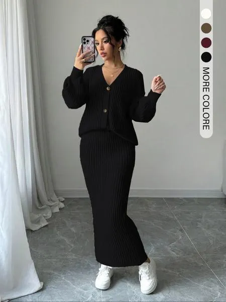 Women's Solid Button Front Sweater & Long Skirt Two-piece Set, Casual Drop Shoulder Long Sleeve Knit Top & High Waist Skirt for Daily Outdoor Wear, Women's Knitwear for Fall & Winter