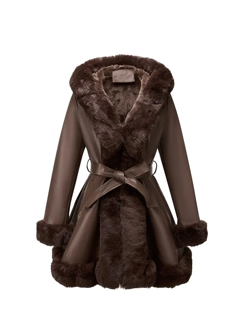 Women's Fall Winter Faux Leather Jacket with Detachable Belt, Long Sleeve Fitted Coat with Hood, Casual Warm Daily Wear