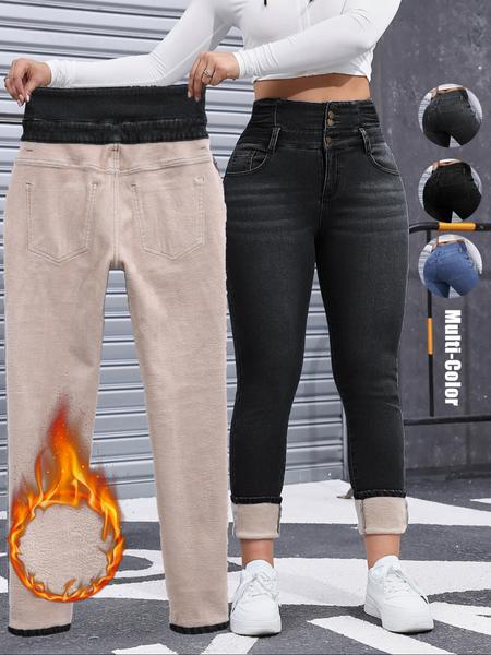 Women's Fleece-Lined Jeans, High Stretch Thick Denim For Winter, Slimming And Comfortable