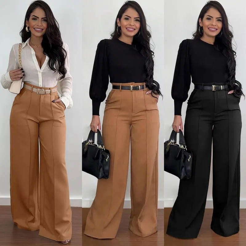 Women's Autumn New Commuter Casual Versatile Khaki Solid Color Draped Suit Pants Loose Straight Long Pants