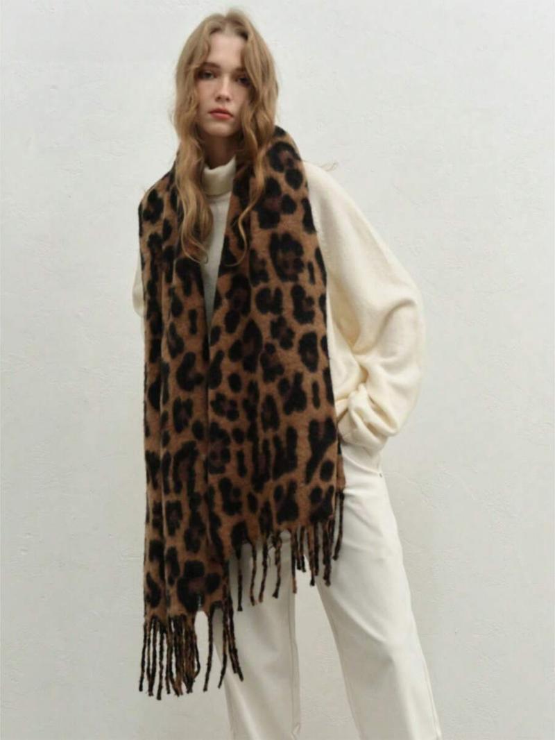 High-Quality Leopard Print Scarf, Cool Tassel Vintage Shawl, Y2K Faux Wool Warm Shoulder Wrap, Fall & Winter Fashion Accessory