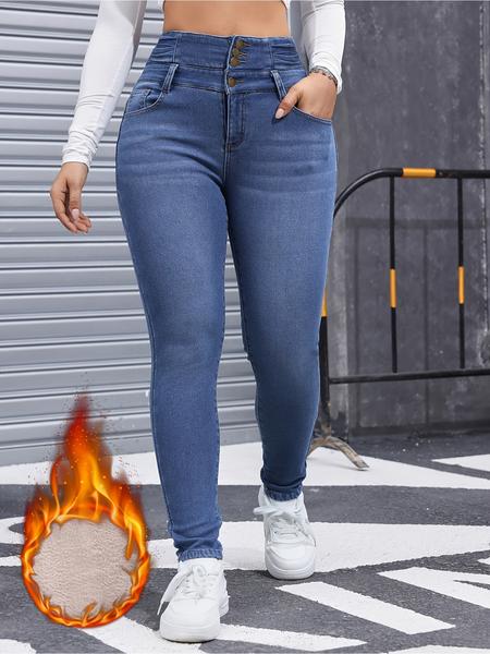 Women's Fleece-Lined Jeans, High Stretch Thick Denim For Winter, Slimming And Comfortable