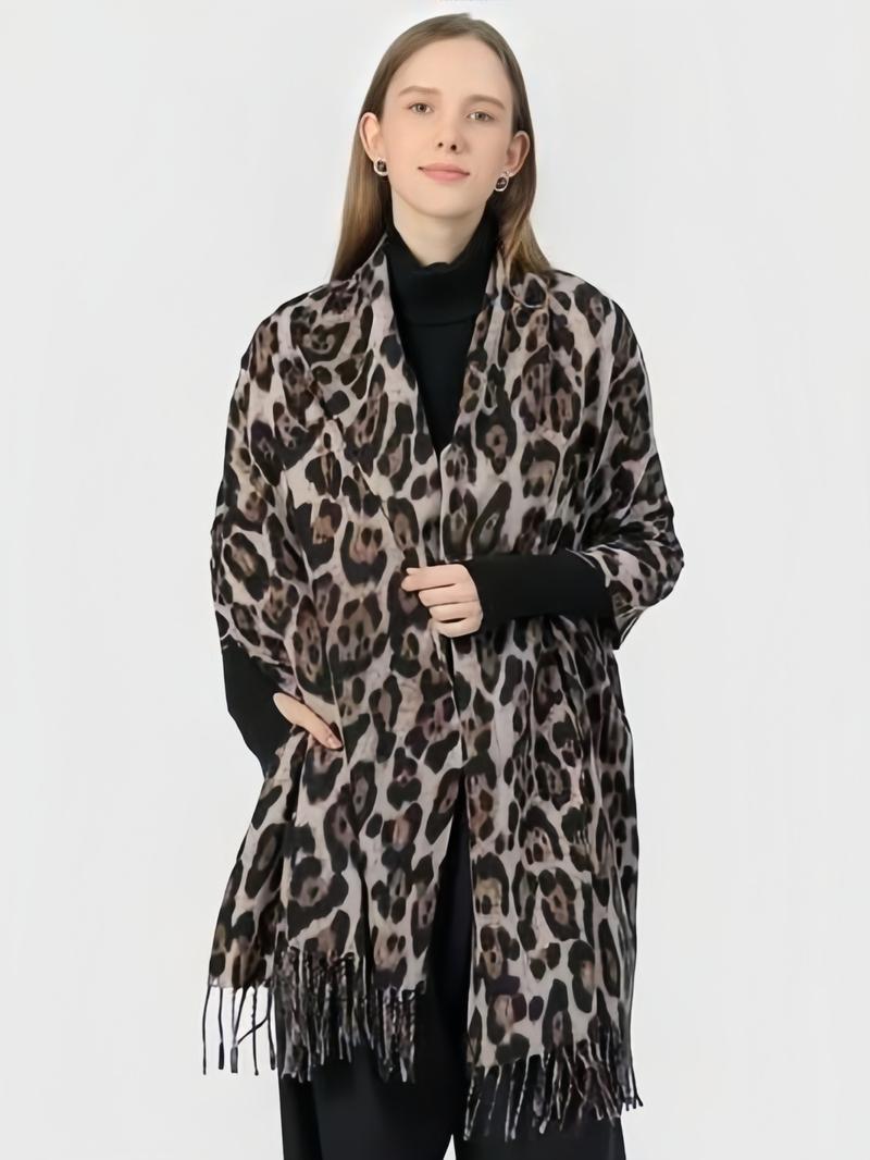 High-Quality Leopard Print Scarf, Cool Tassel Vintage Shawl, Y2K Faux Wool Warm Shoulder Wrap, Fall & Winter Fashion Accessory