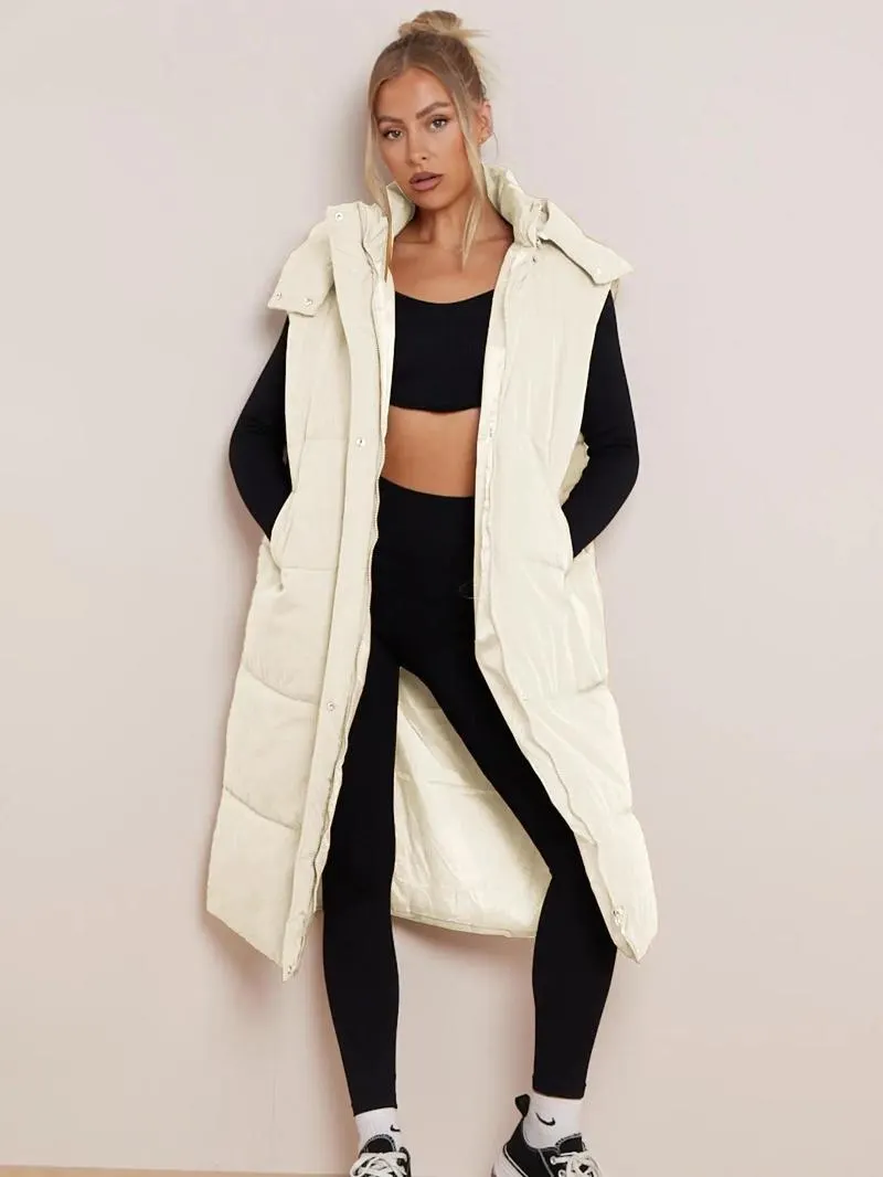 Versatile Plain Hooded Zip-Up Side Pocket Cotton Vest