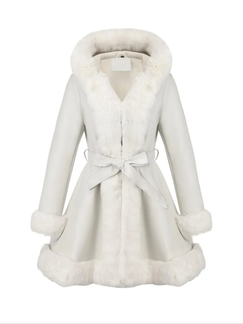 Women's Fall Winter Faux Leather Jacket with Detachable Belt, Long Sleeve Fitted Coat with Hood, Casual Warm Daily Wear