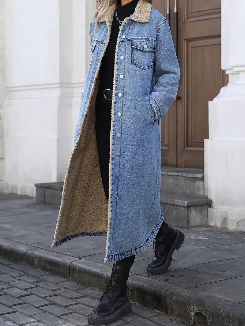Women's Long Fleece-Lined Denim Jacket, Elegant Single-Breasted Design, Perfect For Winter