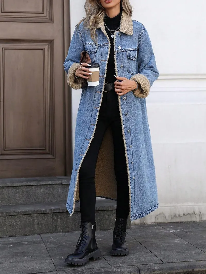 Women's Long Fleece-Lined Denim Jacket, Elegant Single-Breasted Design, Perfect For Winter