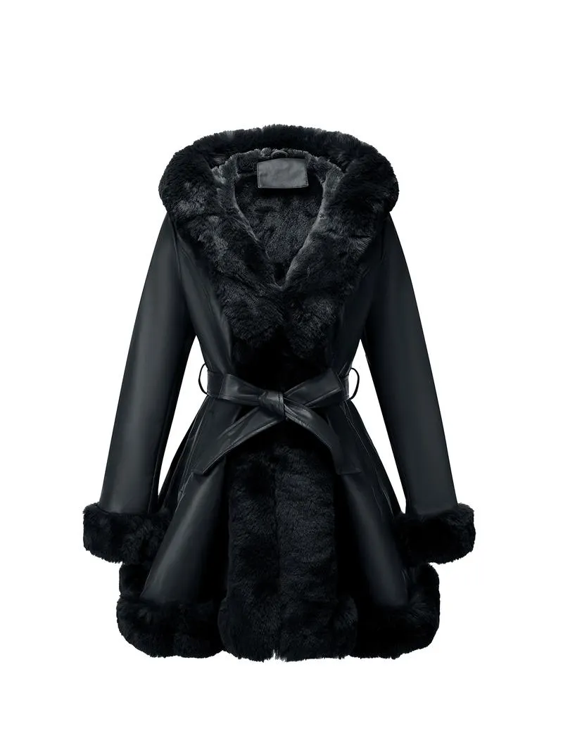 Women's Fall Winter Faux Leather Jacket with Detachable Belt, Long Sleeve Fitted Coat with Hood, Casual Warm Daily Wear
