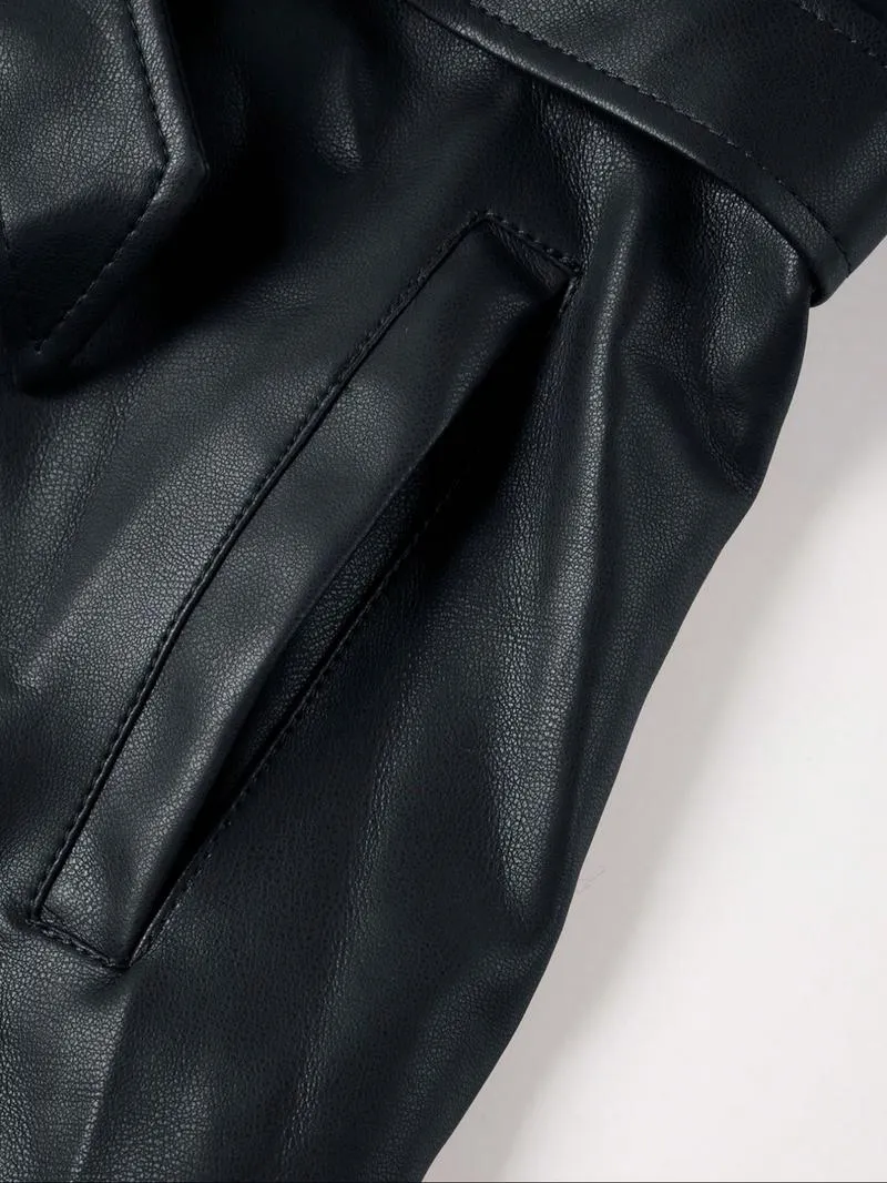 Women's Fall Winter Faux Leather Jacket with Detachable Belt, Long Sleeve Fitted Coat with Hood, Casual Warm Daily Wear