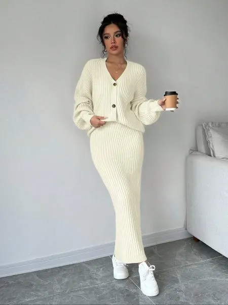 Women's Solid Button Front Sweater & Long Skirt Two-piece Set, Casual Drop Shoulder Long Sleeve Knit Top & High Waist Skirt for Daily Outdoor Wear, Women's Knitwear for Fall & Winter