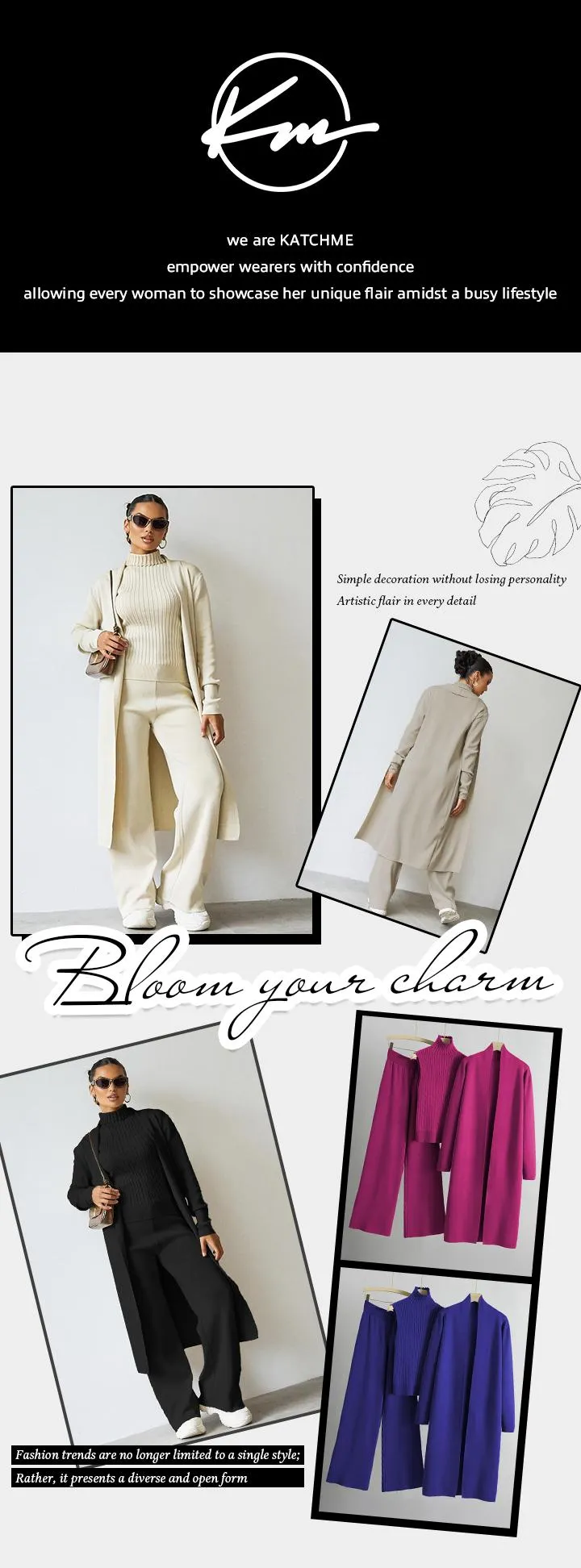 Trendy Knit Turtle Neck Tank & Wide Leg Trousers with Open-front Long Cardigan Three-piece Clothes Sets, Casual Womenswear
