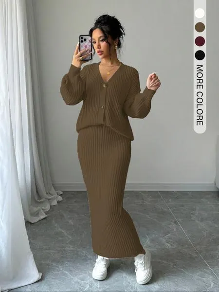 Women's Solid Button Front Sweater & Long Skirt Two-piece Set, Casual Drop Shoulder Long Sleeve Knit Top & High Waist Skirt for Daily Outdoor Wear, Women's Knitwear for Fall & Winter