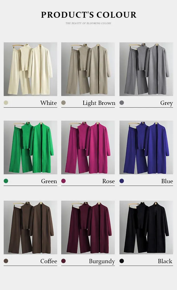 Trendy Knit Turtle Neck Tank & Wide Leg Trousers with Open-front Long Cardigan Three-piece Clothes Sets, Casual Womenswear