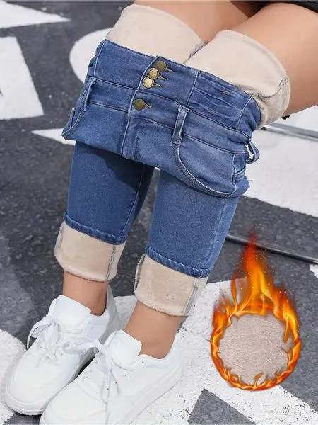 Women's Fleece-Lined Jeans, High Stretch Thick Denim For Winter, Slimming And Comfortable
