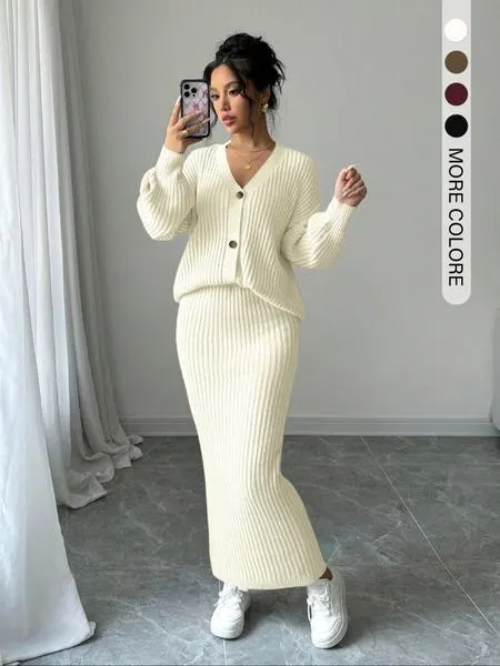 Women's Solid Button Front Sweater & Long Skirt Two-piece Set, Casual Drop Shoulder Long Sleeve Knit Top & High Waist Skirt for Daily Outdoor Wear, Women's Knitwear for Fall & Winter