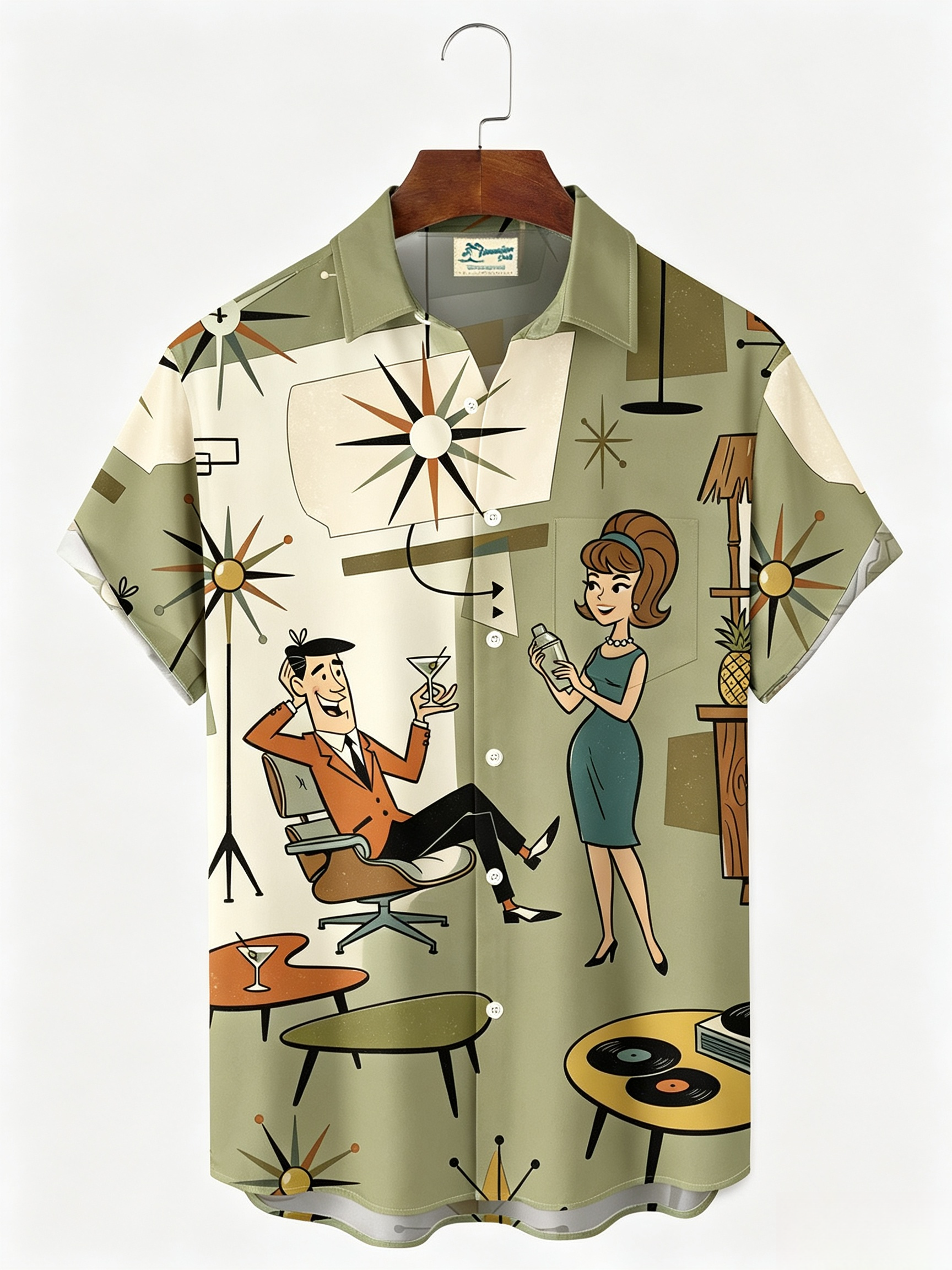 Retro Medieval Atomic Geometry Print Men's Button Pocket Short-Sleeve Hawaiian Big & Tall