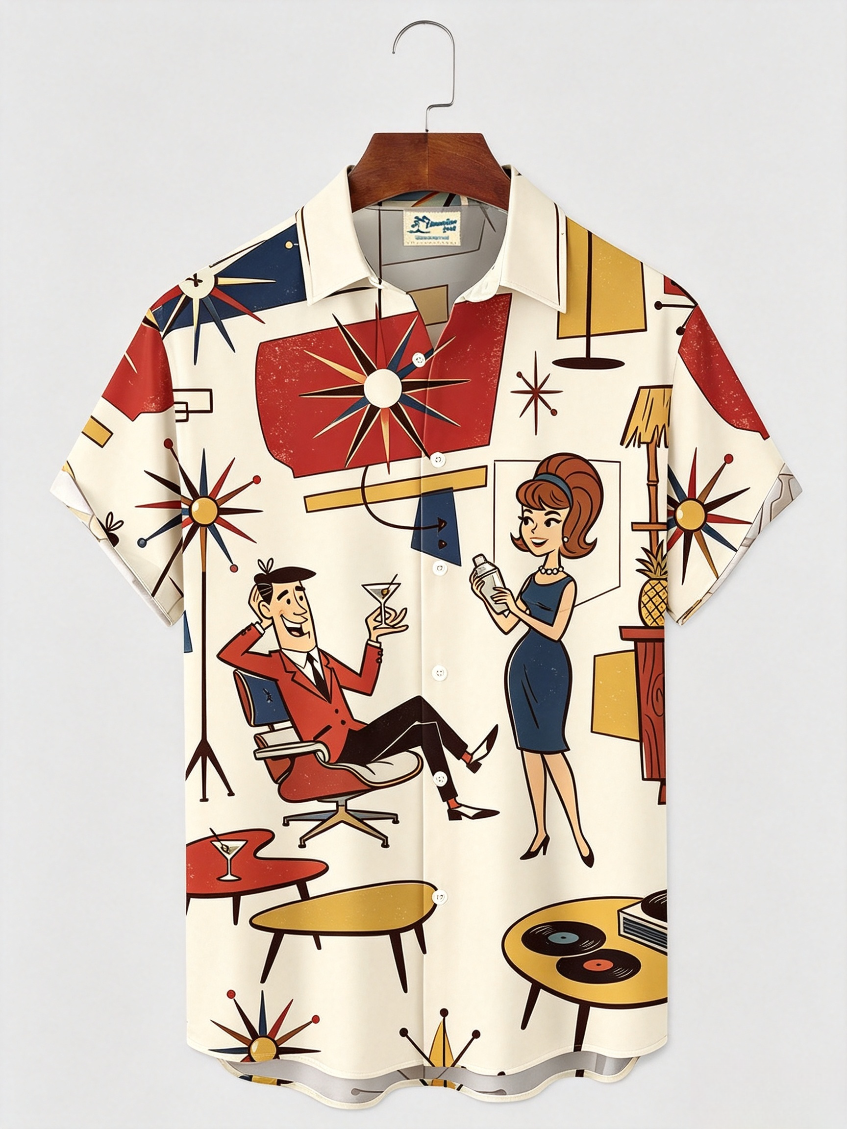 Retro Medieval Atomic Geometry Print Men's Button Pocket Short-Sleeve Hawaiian Big & Tall