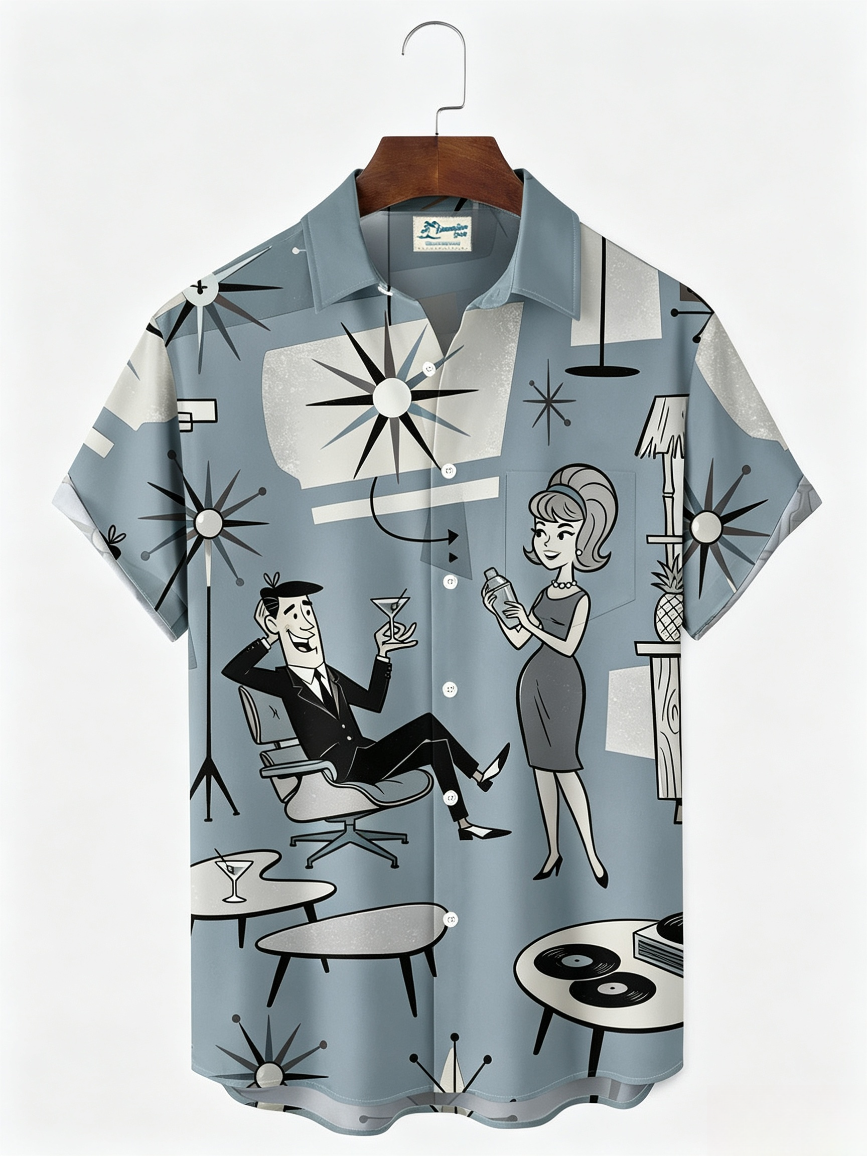 Retro Medieval Atomic Geometry Print Men's Button Pocket Short-Sleeve Hawaiian Big & Tall