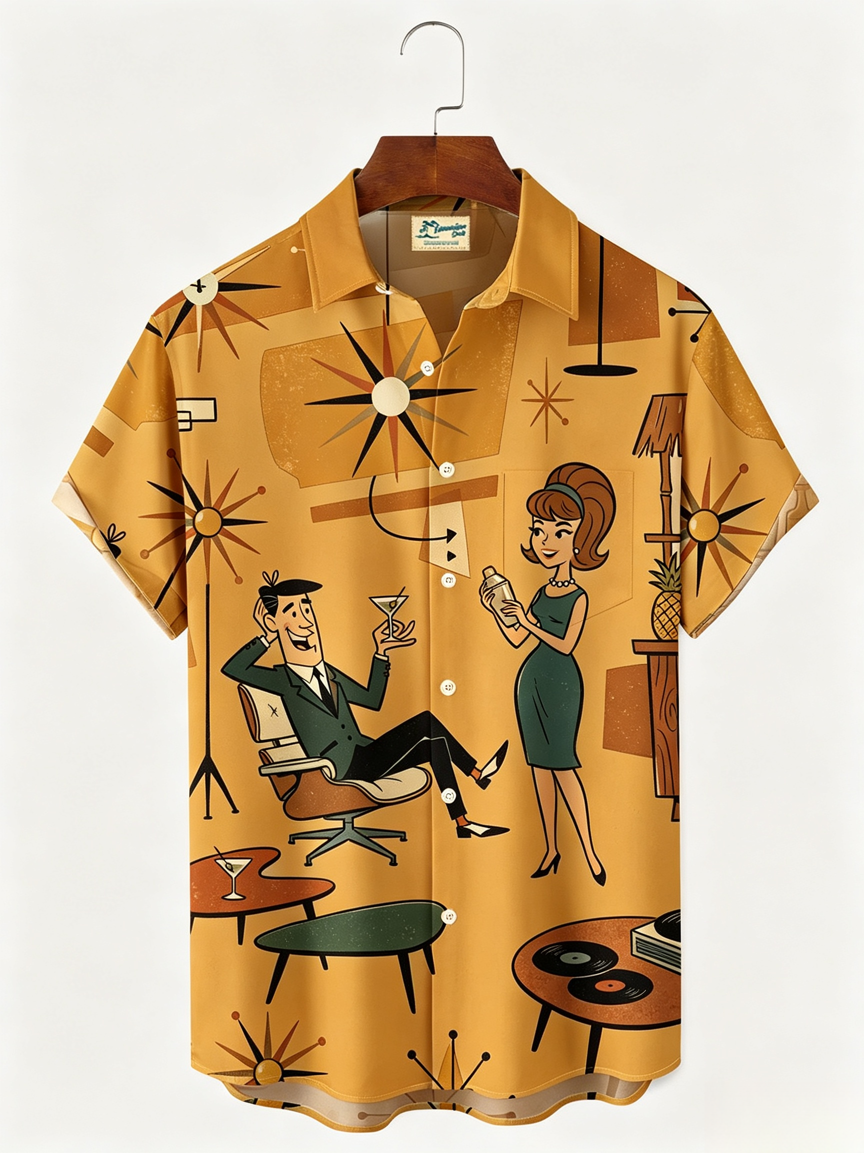 Retro Medieval Atomic Geometry Print Men's Button Pocket Short-Sleeve Hawaiian Big & Tall