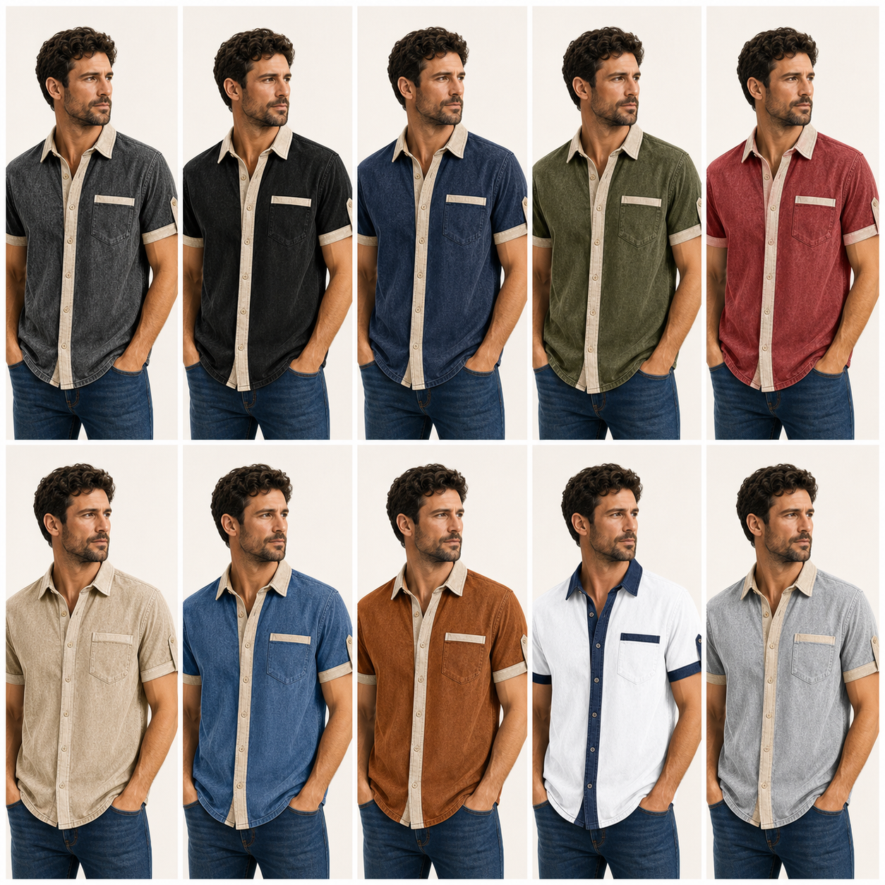 Ten color washed contrast trim shirt model sheet