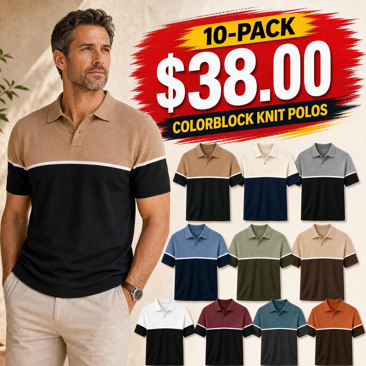 Men's Colorblock Knit Short Sleeve Polo Shirt