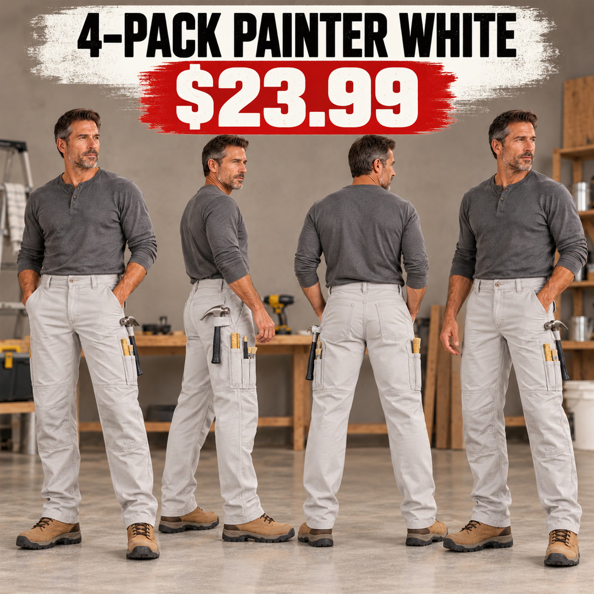 4-Pack - Painter White Men's Painter & Maintenance Work Pants Multipacks