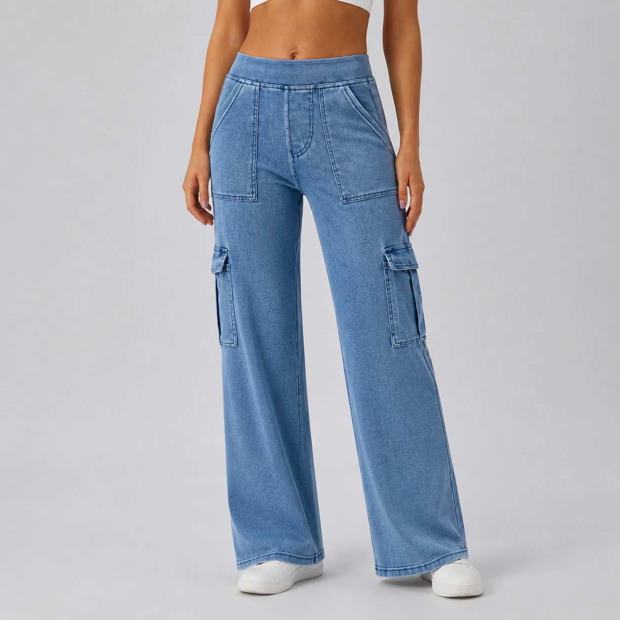 Women's Mid-Rise Stretchy Knit Denim Straight-Leg Cargo Jeans Bundle