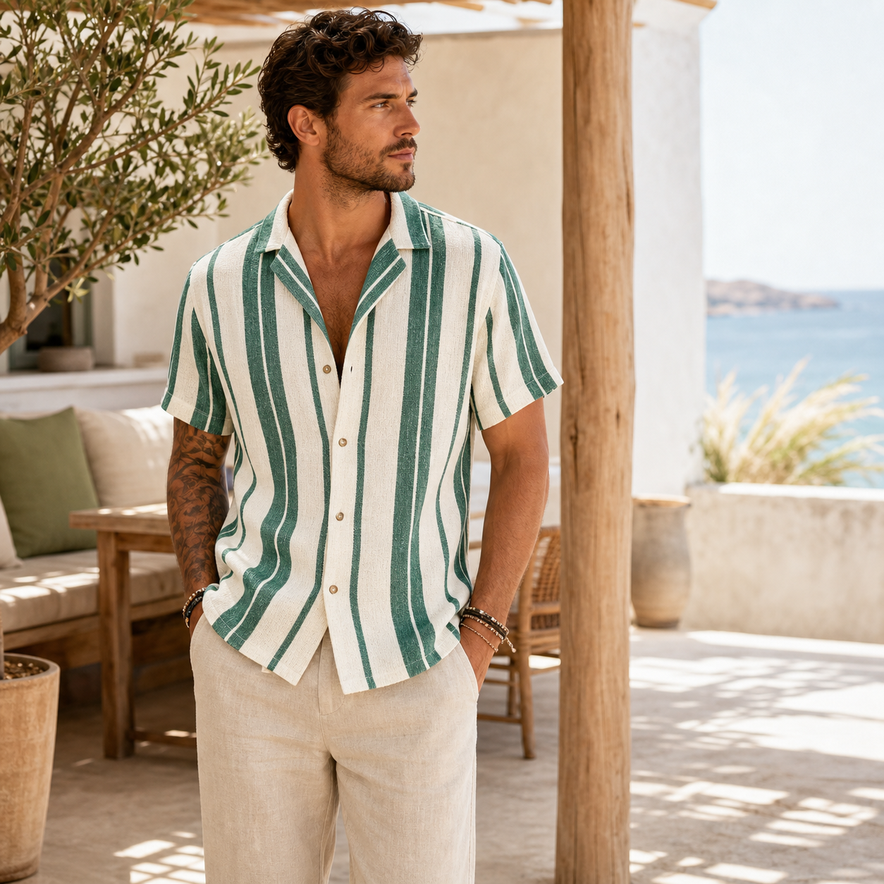 Men's green striped resort shirt lifestyle model