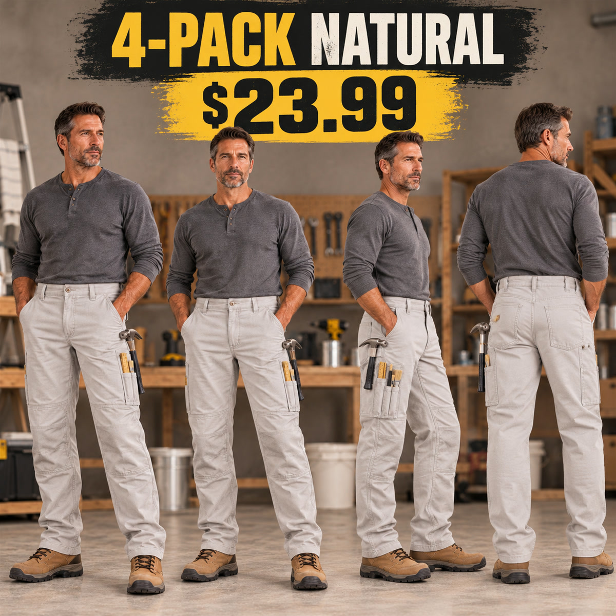4-Pack - Natural Men's Painter & Maintenance Work Pants Multipacks