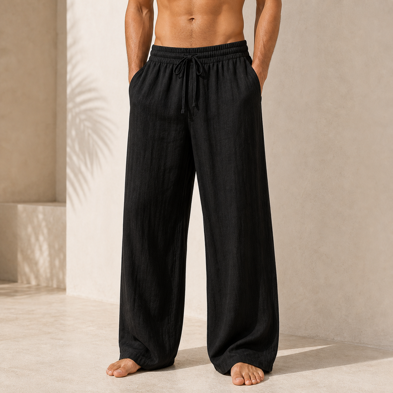 Black single color linen beach pants model