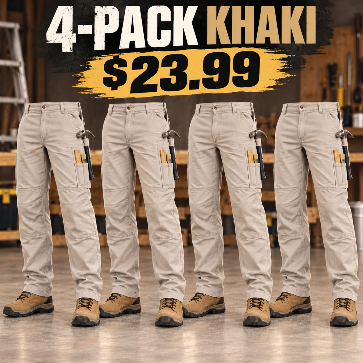 4-Pack - Khaki Men's Painter & Maintenance Work Pants Multipacks
